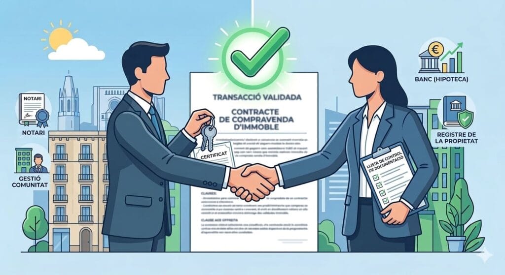 Comprador i venedor completant transacció immobiliària amb certificat de corrent de pagament validat per notari i registre