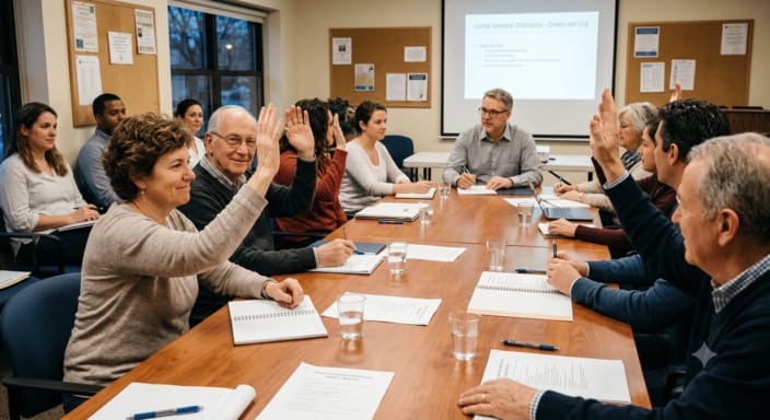 Junta de propietaris a Catalunya prenent decisions sobre la comunitat
