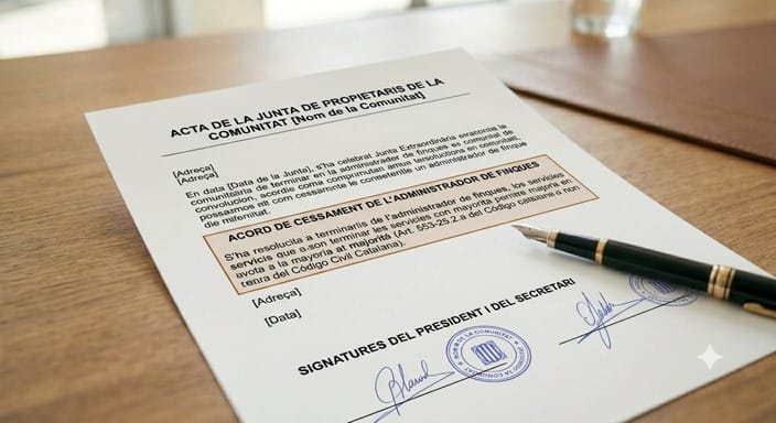 Document de l'Acta de la Junta de Propietaris per al cessament de l'administrador.
