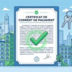 Certificat de corrent de pagament digital amb checkmark verd, edificis i símbol de pagament aprovant seguretat en transaccions immobiliàries