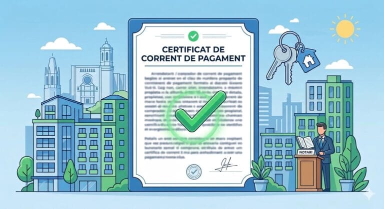 Certificat de corrent de pagament digital amb checkmark verd, edificis i símbol de pagament aprovant seguretat en transaccions immobiliàries