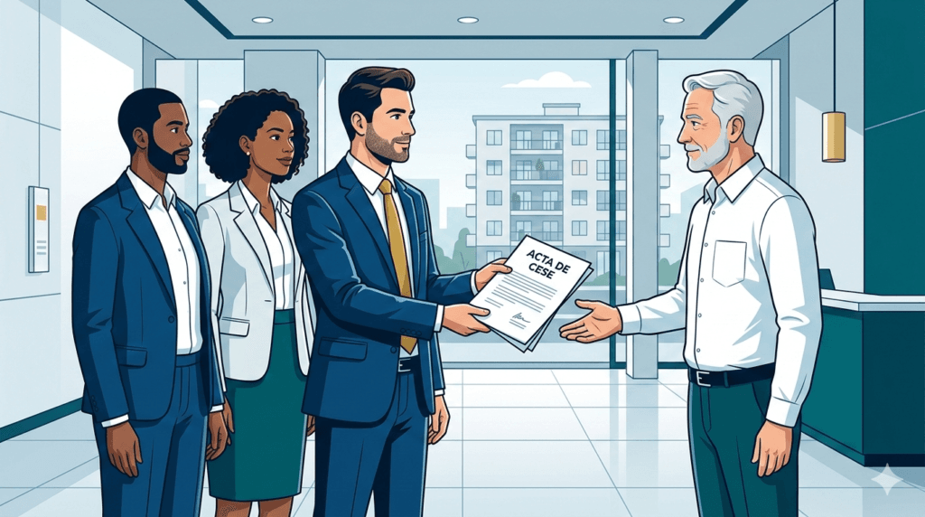 Junta de propietaris lliurant l'acta de cese de l'administrador de la comunitat de finques