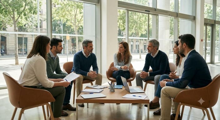 Reunió de veïns de comunitat de propietaris a Catalunya debatent un acord.
